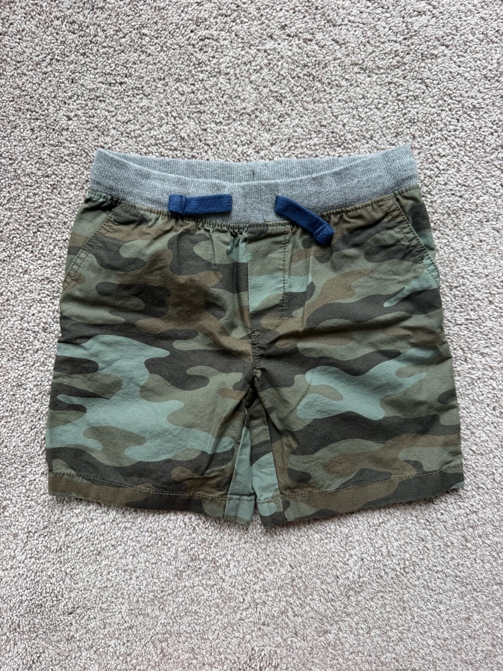 Carter's Camo Drawstring Shorts with Gray Waistband and Blue Tie
